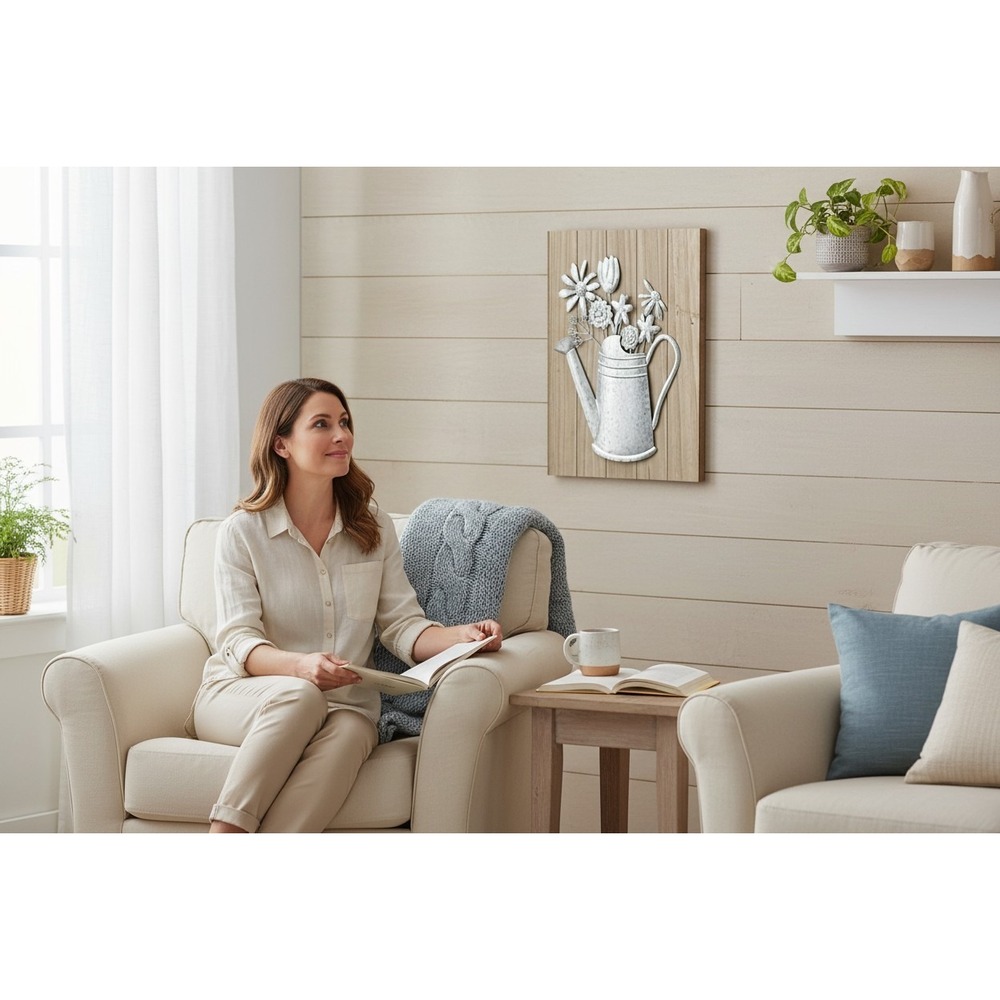 Hello Spring Wall Decor Home OS Silver Brand New Metal Watering Can Wood Art